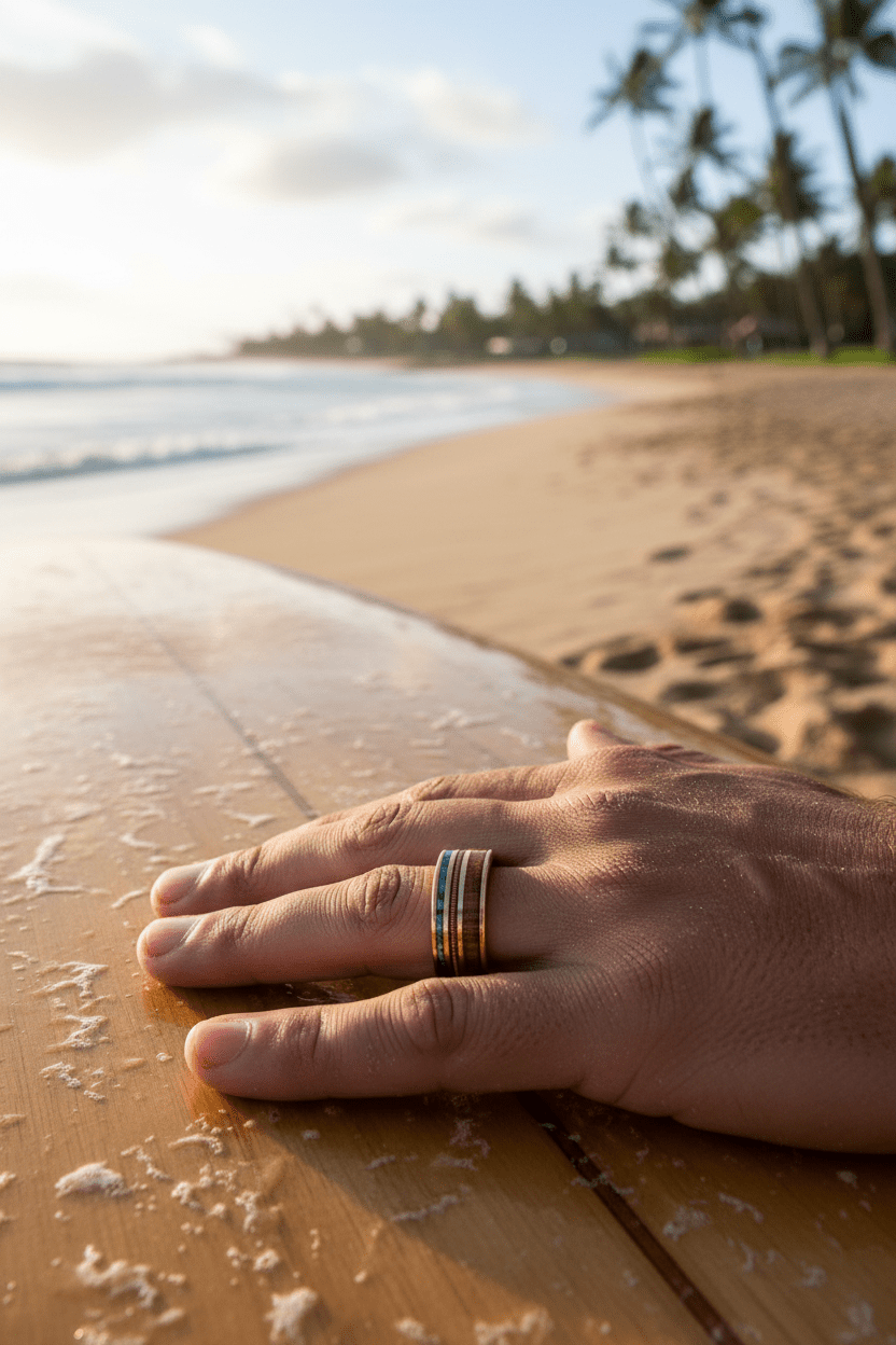 MOANA Smoked Rose Gold Tungsten Ring with Hawaiian Koa Wood Abalone & Guitar String - Gems by Gigi