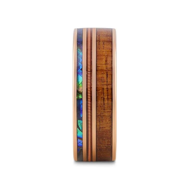 MOANA Smoked Rose Gold Tungsten Ring with Hawaiian Koa Wood Abalone & Guitar String - Gems by Gigi