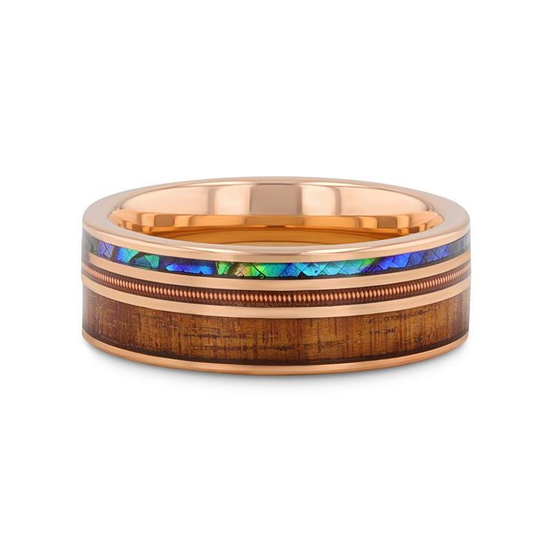MOANA Smoked Rose Gold Tungsten Ring with Hawaiian Koa Wood Abalone & Guitar String - Gems by Gigi