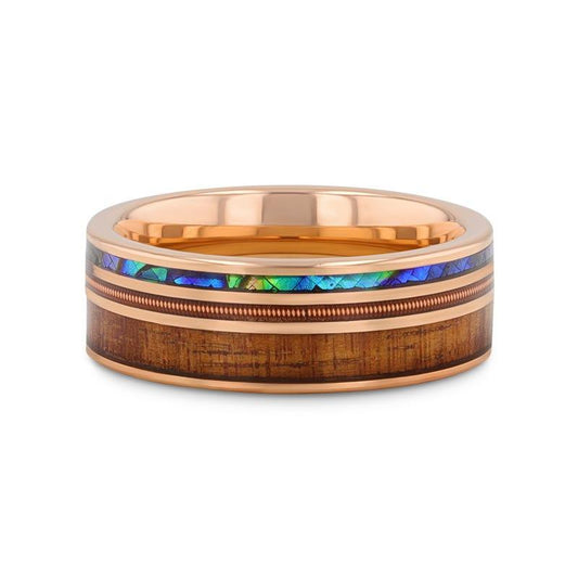MOANA Smoked Rose Gold Tungsten Ring with Hawaiian Koa Wood Abalone & Guitar String - Gems by Gigi
