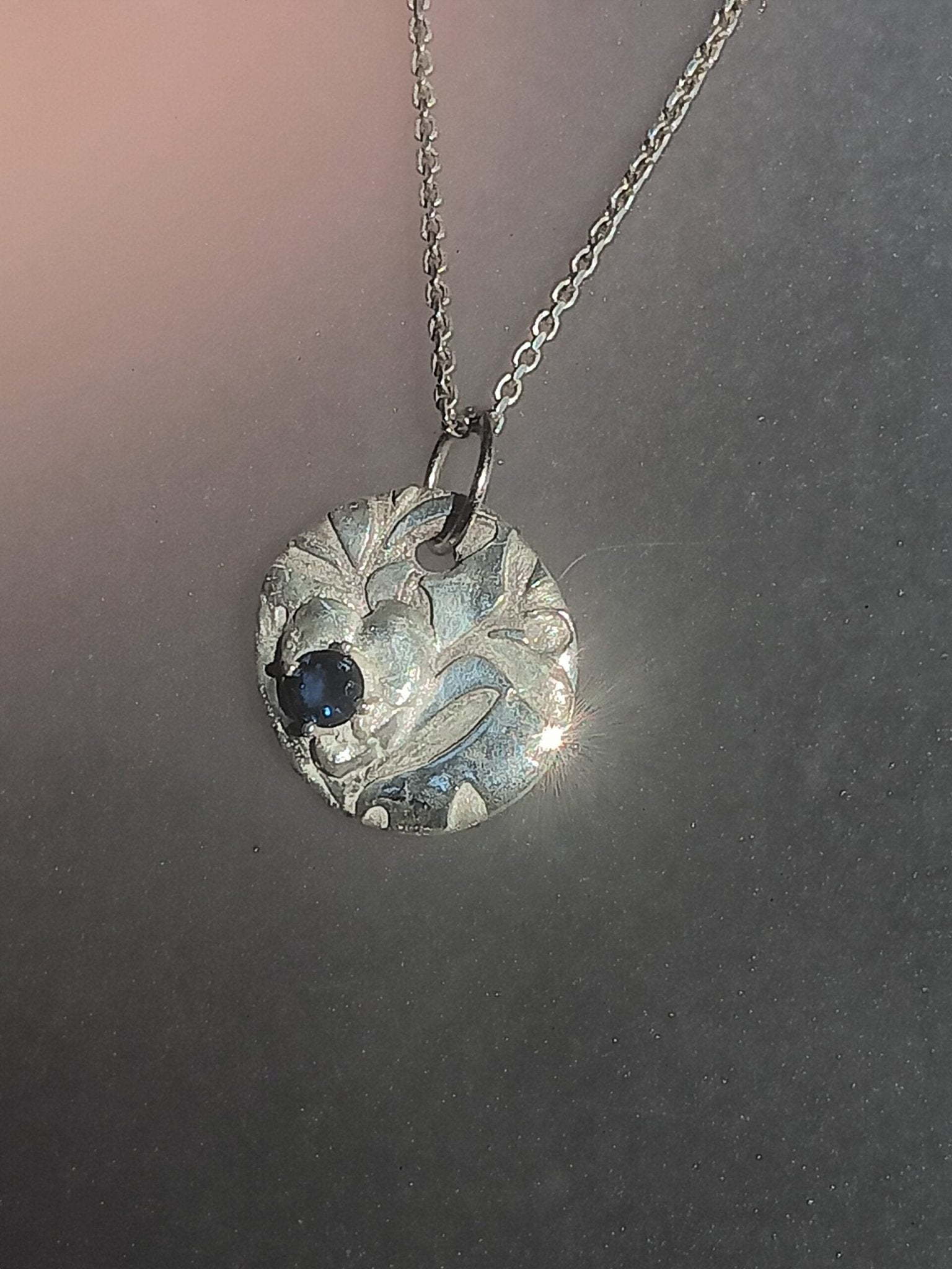 Modern Carved Disc Pendant Sapphire 0.29ct Heart Leaf Adjustable Cable Chain Fine Silver - Gems by Gigi
