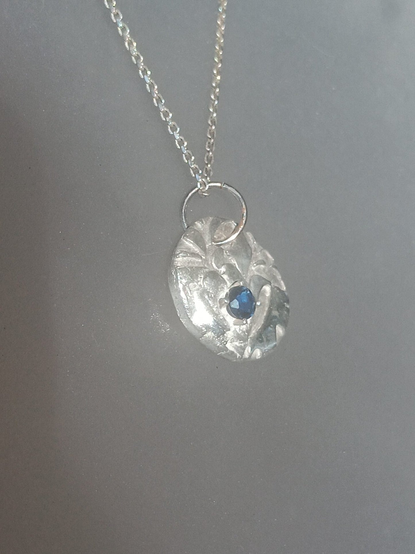 Modern Carved Disc Pendant Sapphire 0.29ct Heart Leaf Adjustable Cable Chain Fine Silver - Gems by Gigi