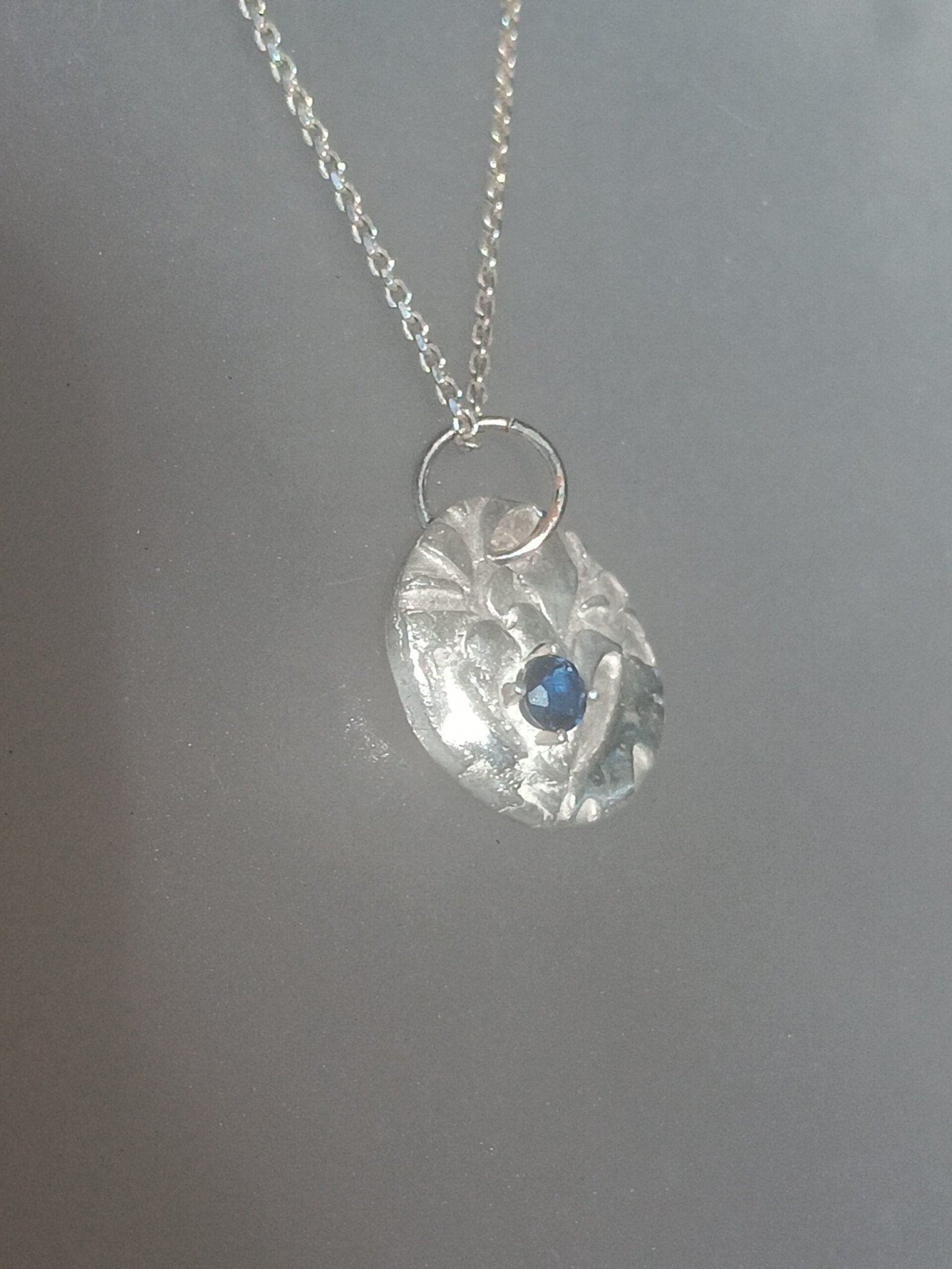 Modern Carved Disc Pendant Sapphire 0.29ct Heart Leaf Adjustable Cable Chain Fine Silver - Gems by Gigi