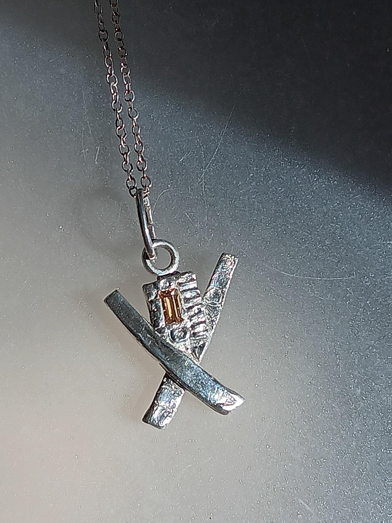 Modern Geometric X Pendant Baguette Cut Peach Padparadscha Sapphire 0.20ct Fine Silver Handmade - Gems by Gigi