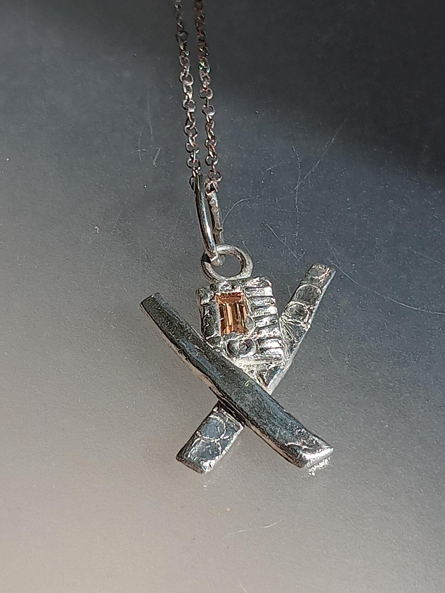 Modern Geometric X Pendant Baguette Cut Peach Padparadscha Sapphire 0.20ct Fine Silver Handmade - Gems by Gigi