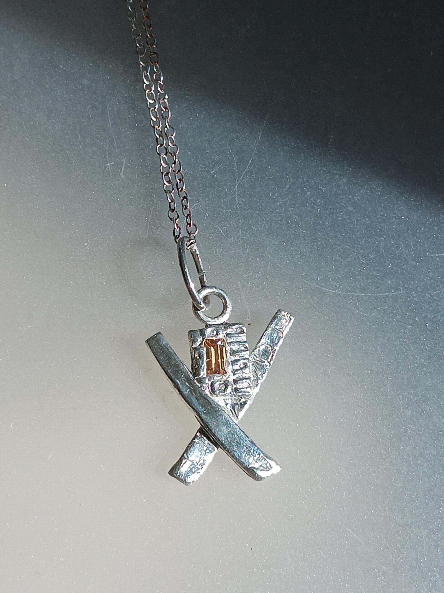 Modern Geometric X Pendant Baguette Cut Peach Padparadscha Sapphire 0.20ct Fine Silver Handmade - Gems by Gigi