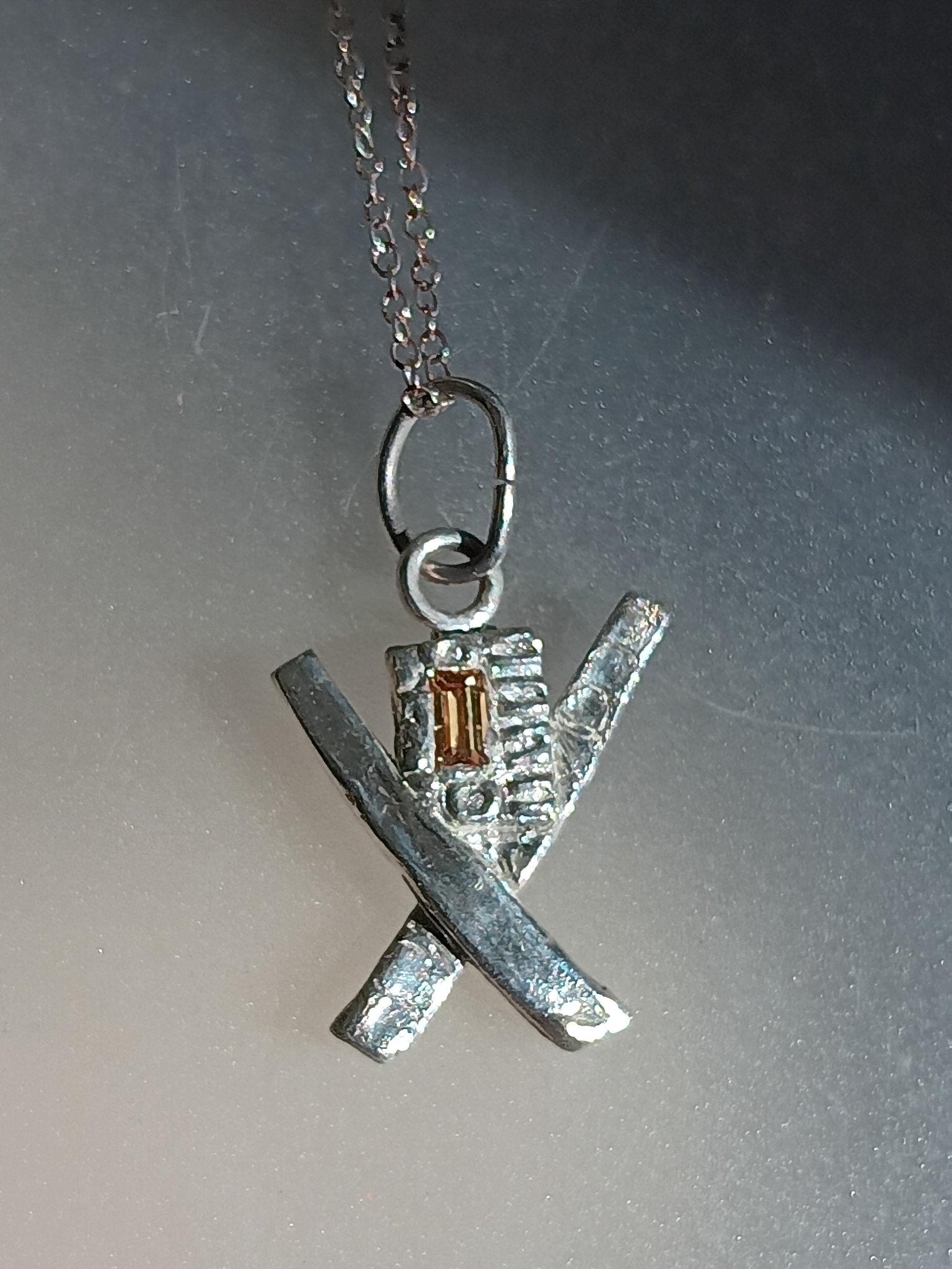 Modern Geometric X Pendant Baguette Cut Peach Padparadscha Sapphire 0.20ct Fine Silver Handmade - Gems by Gigi