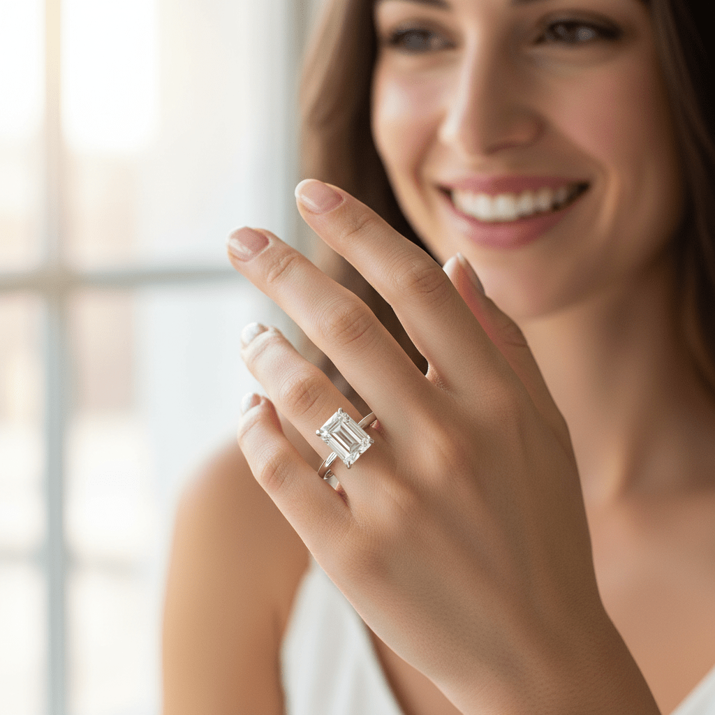 Moissanite Emerald Cut Solitaire Engagement Ring Sterling Silver - Gems by Gigi