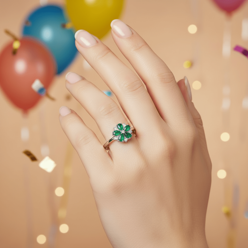 Natural Emerald Zircon Flower Ring Sterling Silver - Gems by Gigi