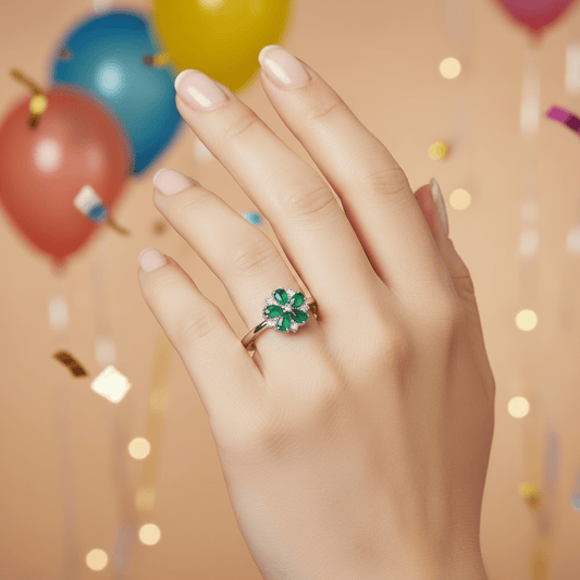 Natural Emerald Zircon Flower Ring Sterling Silver - Gems by Gigi