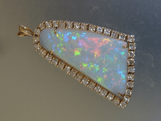Australian Opal Diamond Halo Pendant Bell Shaped Yellow Gold 14kt