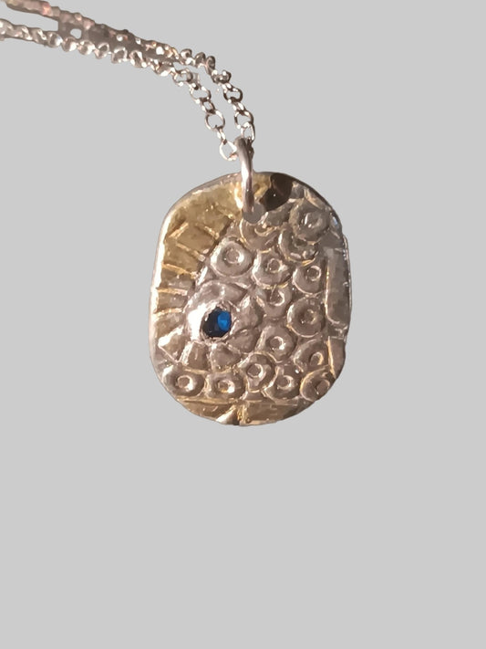 Ocean Inspired Sapphire Pendant Oval Textured Fine Silver 22kt Gold - Gems by Gigi