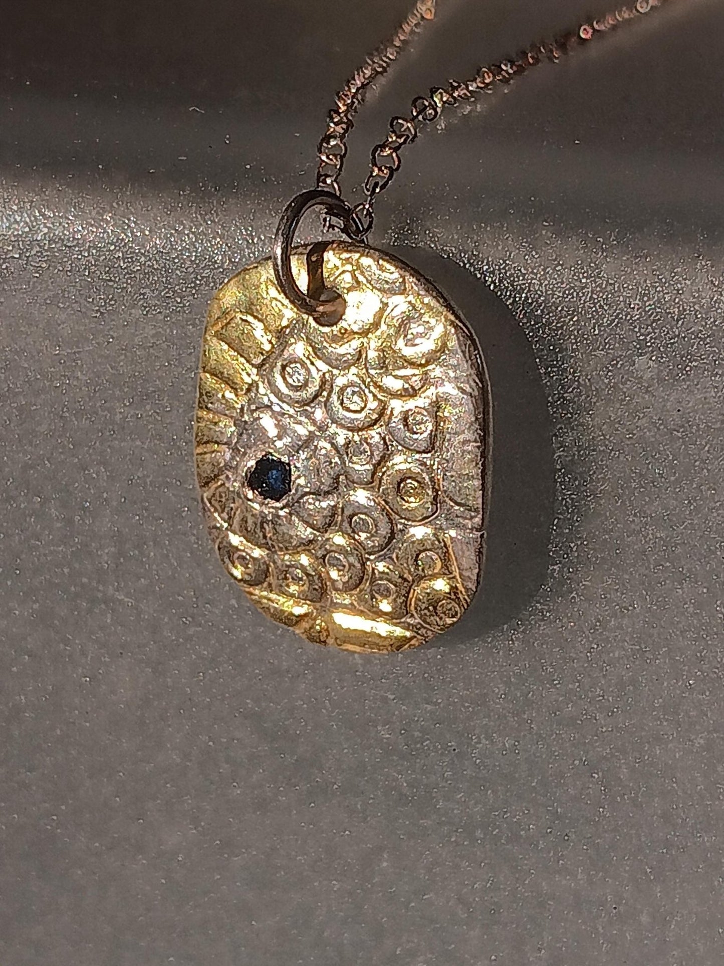 Ocean Inspired Sapphire Pendant Oval Textured Fine Silver 22kt Gold - Gems by Gigi