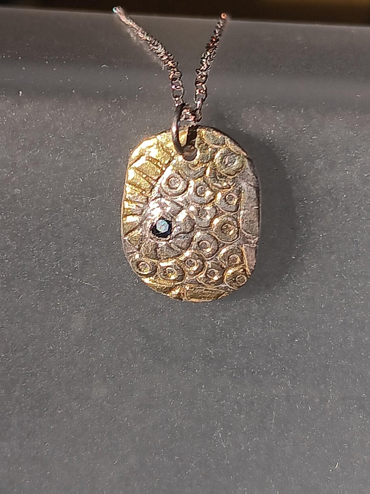 Ocean Inspired Sapphire Pendant Oval Textured Fine Silver 22kt Gold - Gems by Gigi