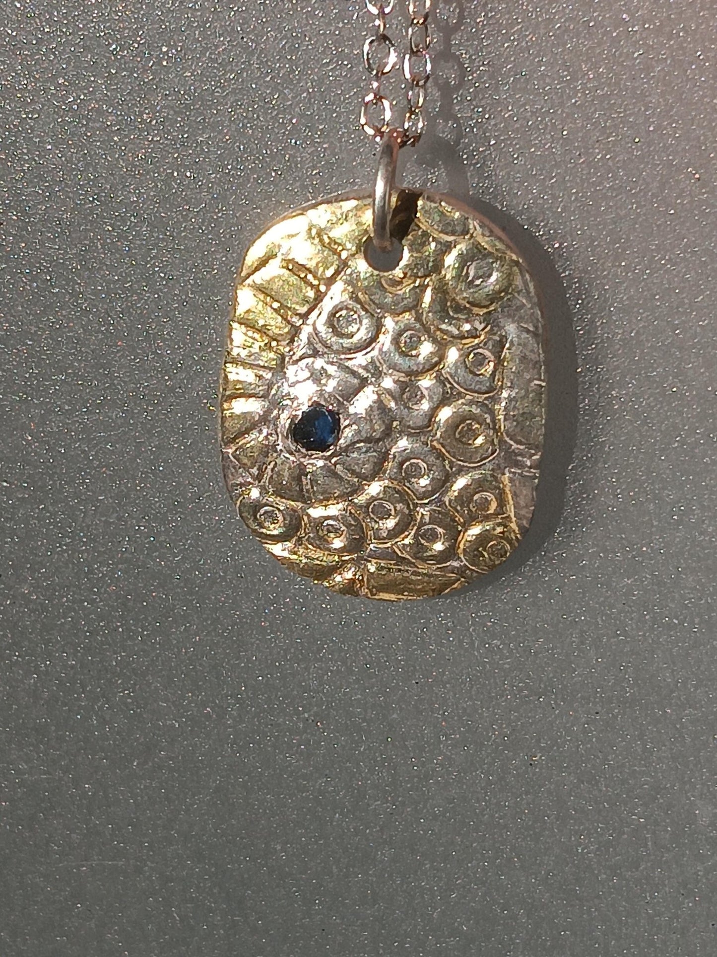 Ocean Inspired Sapphire Pendant Oval Textured Fine Silver 22kt Gold - Gems by Gigi