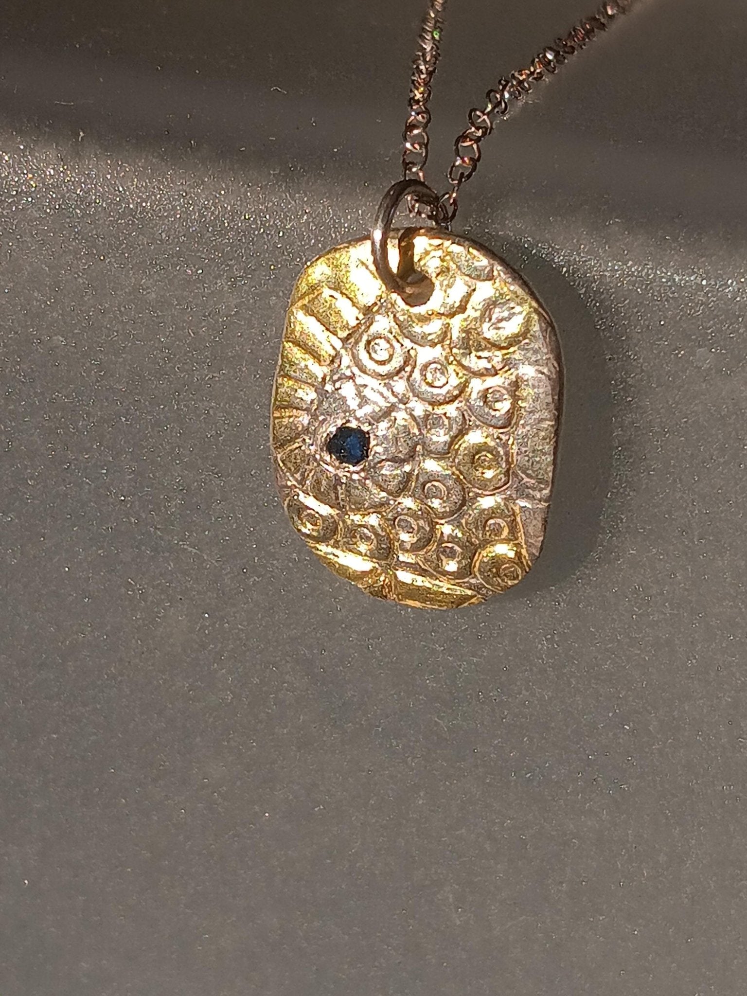 Ocean Inspired Sapphire Pendant Oval Textured Fine Silver 22kt Gold - Gems by Gigi