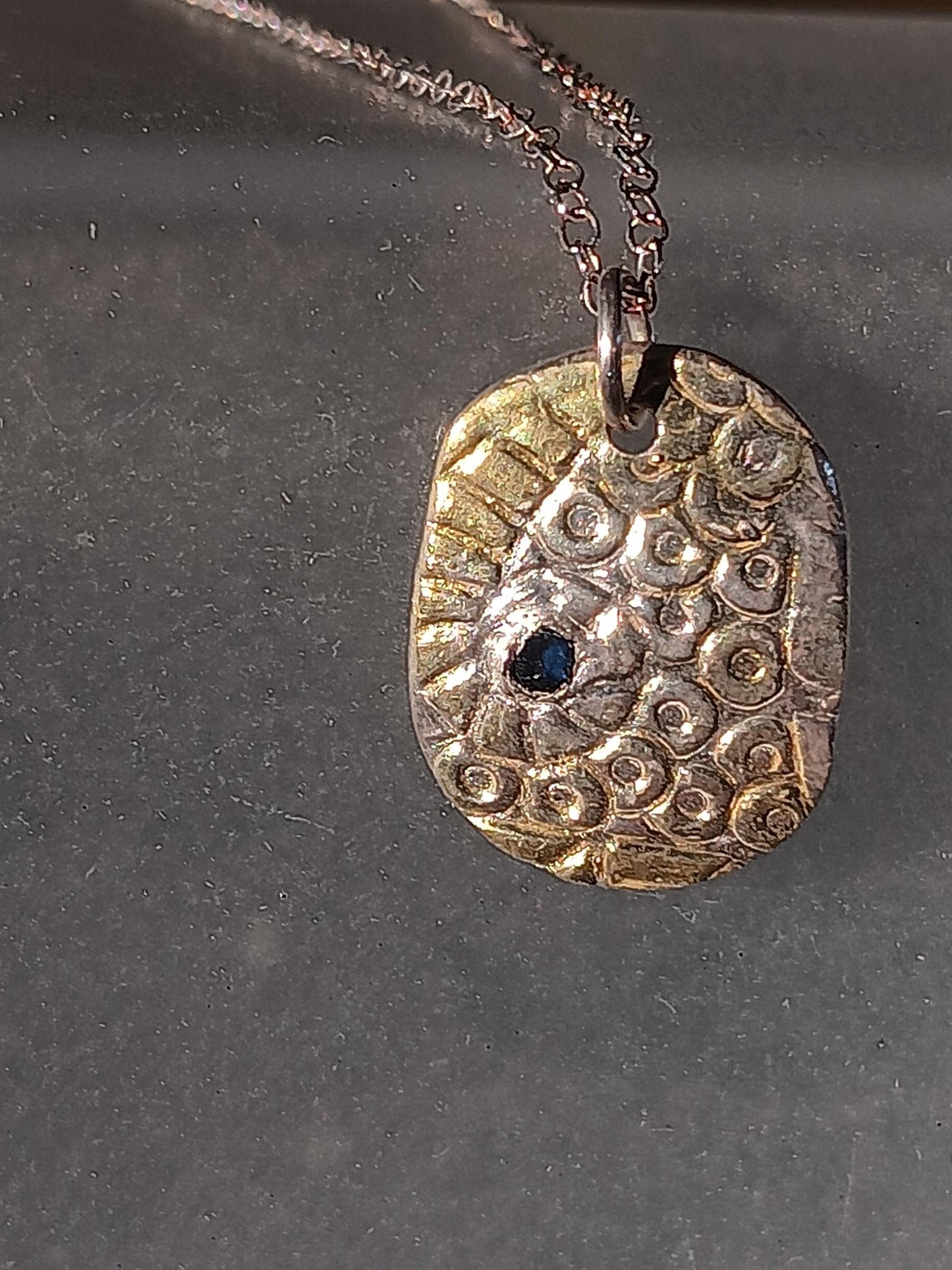 Ocean Inspired Sapphire Pendant Oval Textured Fine Silver 22kt Gold - Gems by Gigi