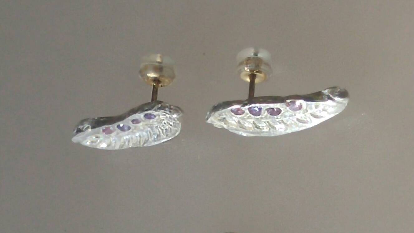 Olive Leaf Purple Sapphire Earrings Fine Silver 14kt Yellow Gold - Gems by Gigi