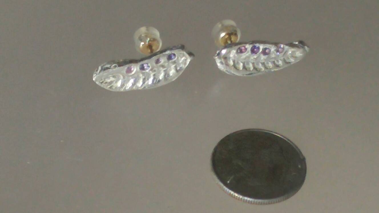 Olive Leaf Purple Sapphire Earrings Fine Silver 14kt Yellow Gold - Gems by Gigi