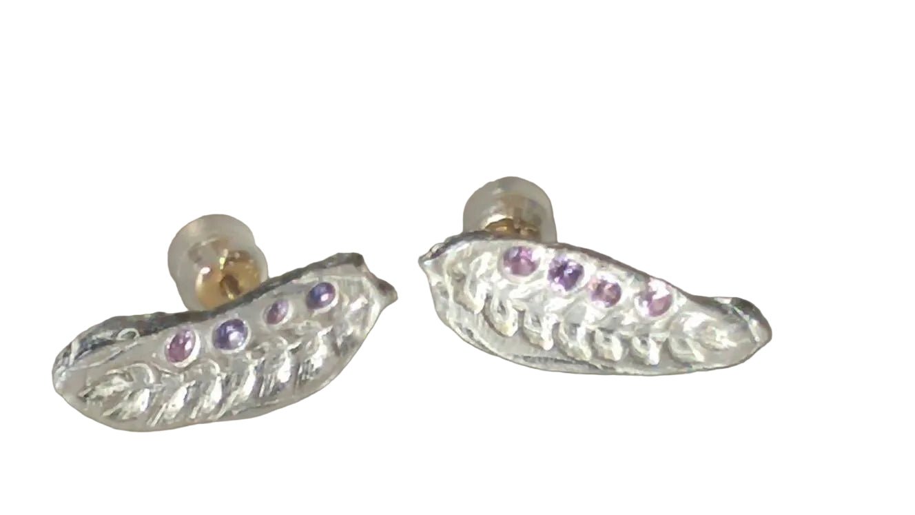 Olive Leaf Purple Sapphire Earrings Fine Silver 14kt Yellow Gold - Gems by Gigi