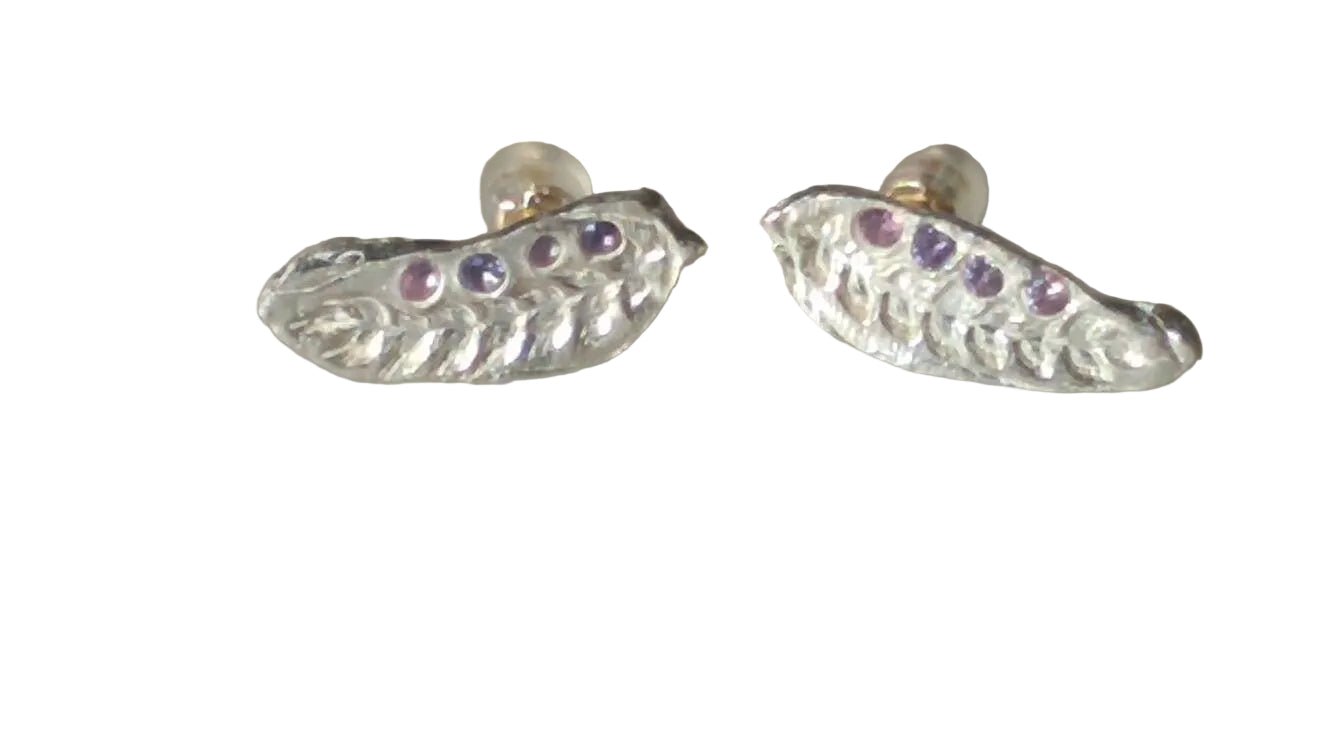 Olive Leaf Purple Sapphire Earrings Fine Silver 14kt Yellow Gold - Gems by Gigi
