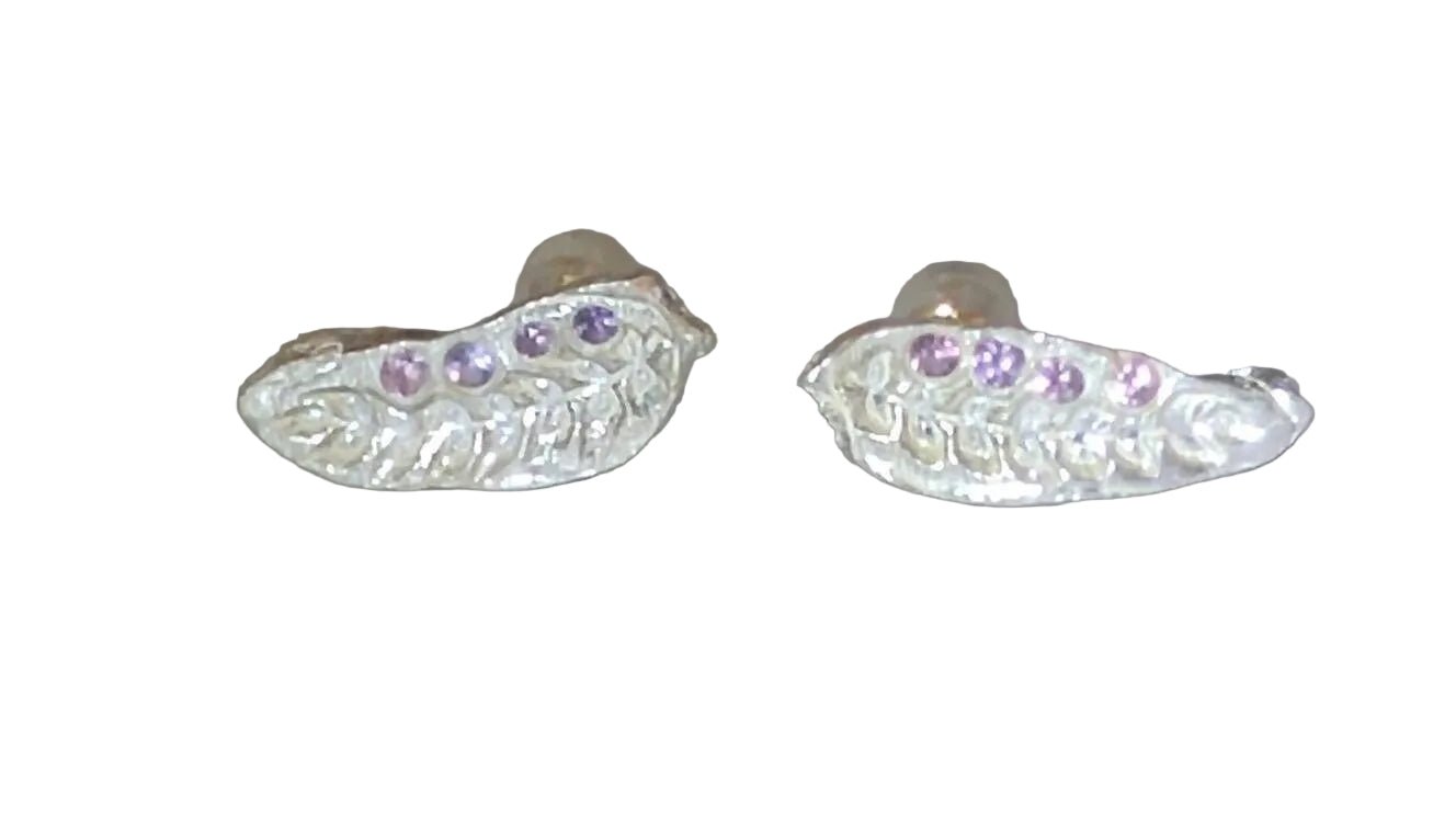 Olive Leaf Purple Sapphire Earrings Fine Silver 14kt Yellow Gold - Gems by Gigi