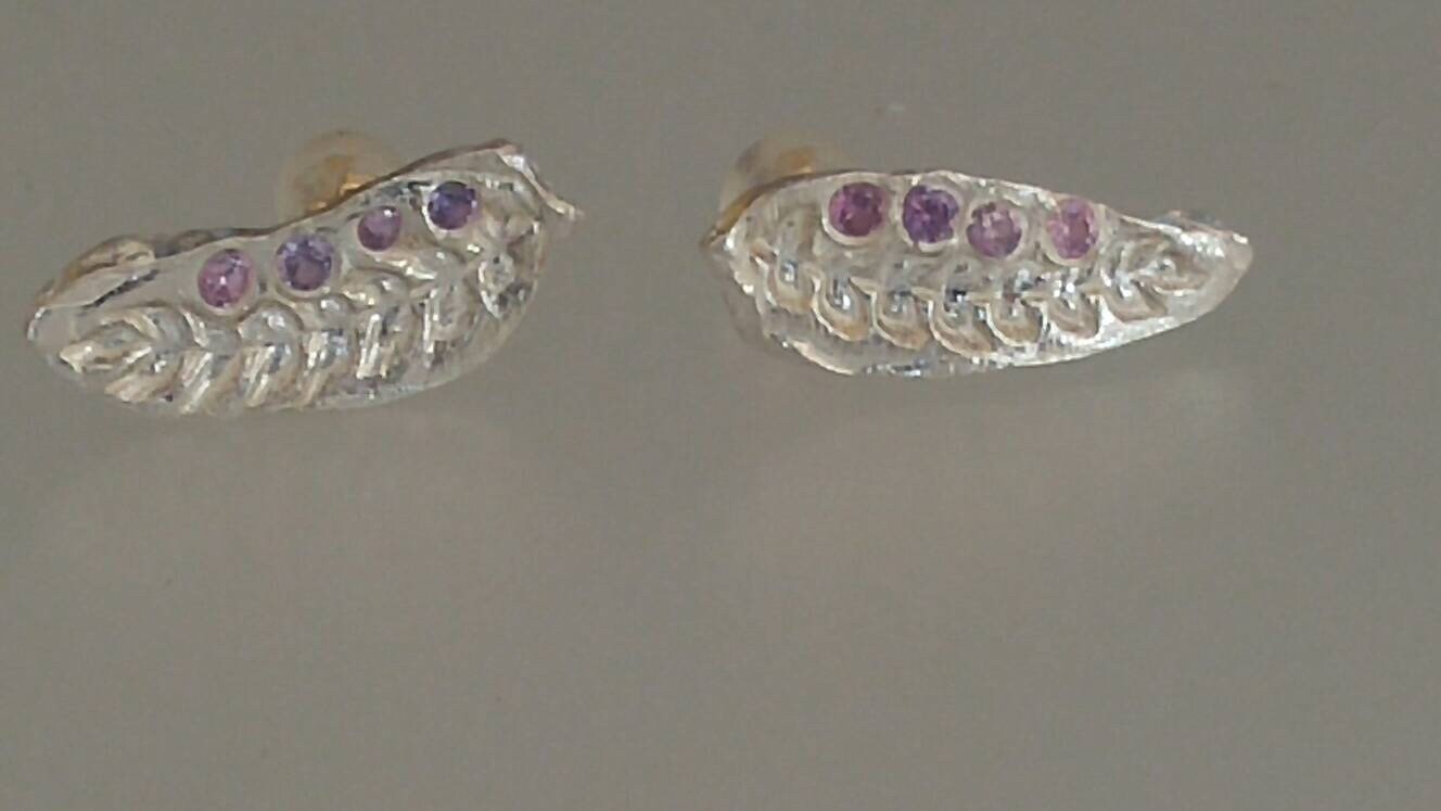 Olive Leaf Purple Sapphire Earrings Fine Silver 14kt Yellow Gold - Gems by Gigi