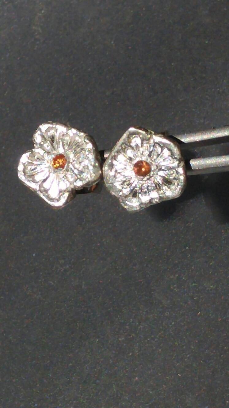 Orange Sapphire Flower Stud Earrings Padparadscha Fine Silver - Gems by Gigi