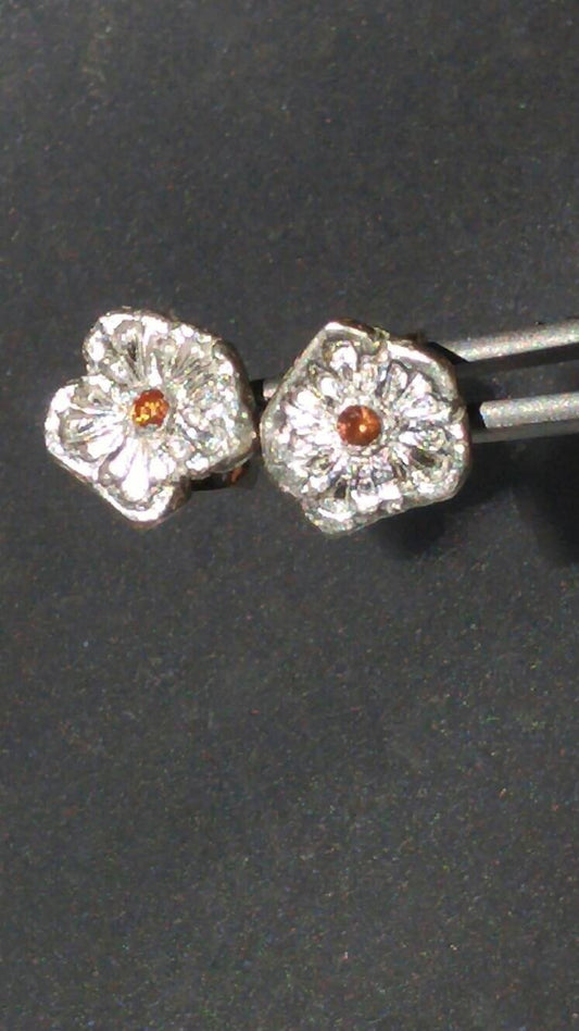 Orange Sapphire Flower Stud Earrings Padparadscha Fine Silver - Gems by Gigi