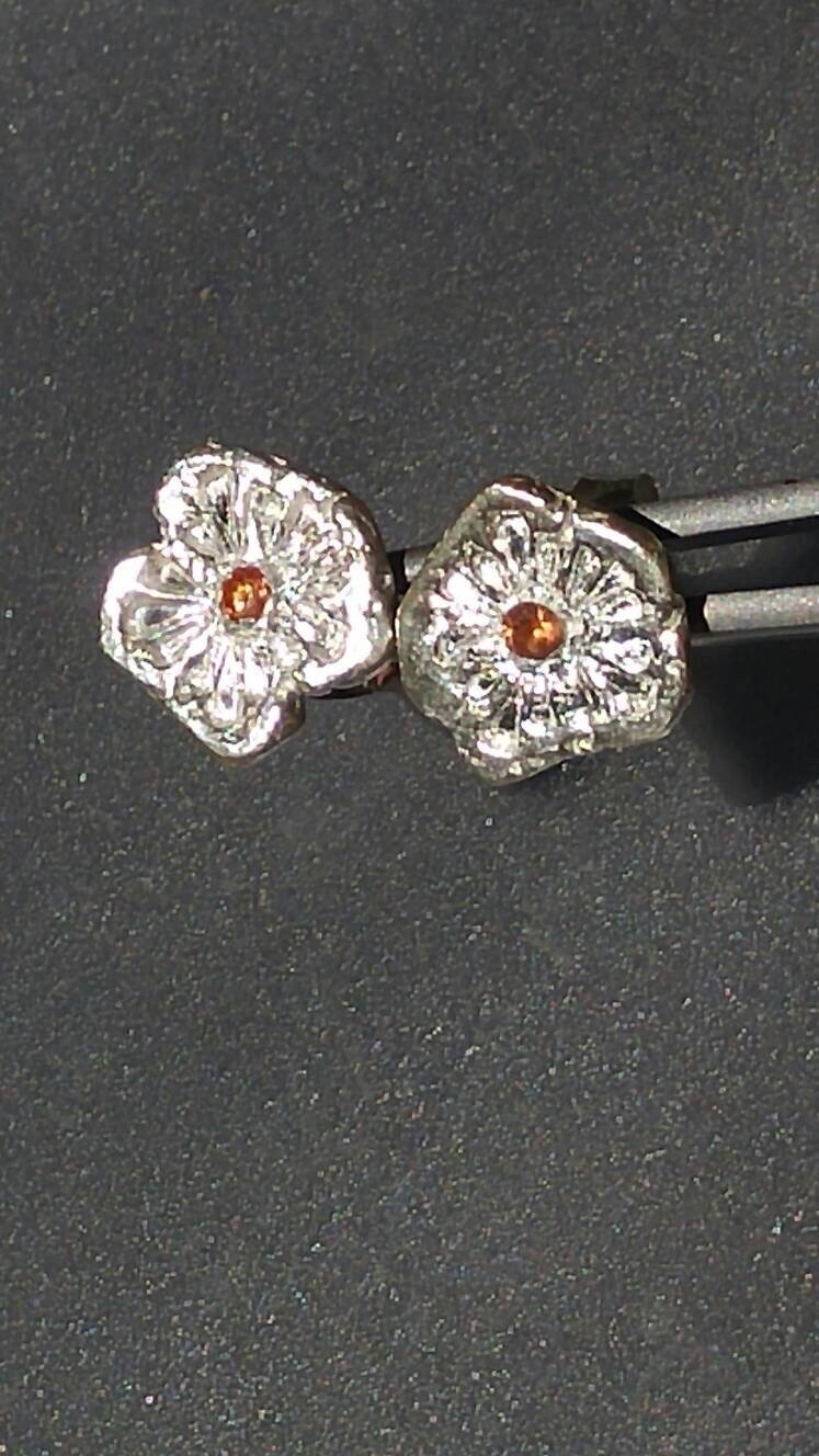 Orange Sapphire Flower Stud Earrings Padparadscha Fine Silver - Gems by Gigi