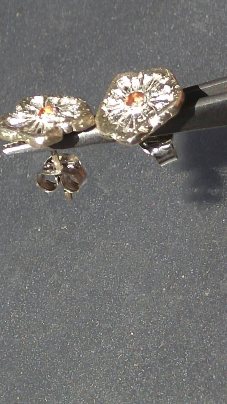 Orange Sapphire Flower Stud Earrings Padparadscha Fine Silver - Gems by Gigi