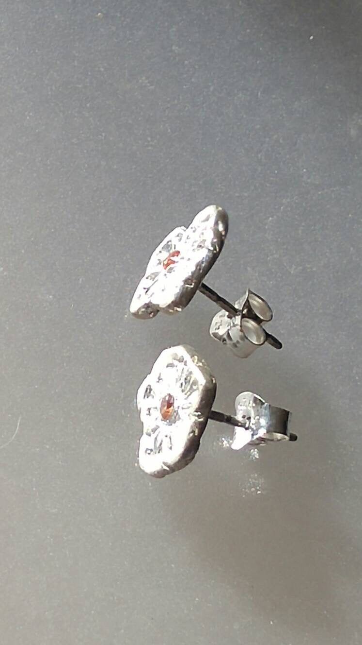 Orange Sapphire Flower Stud Earrings Padparadscha Fine Silver - Gems by Gigi