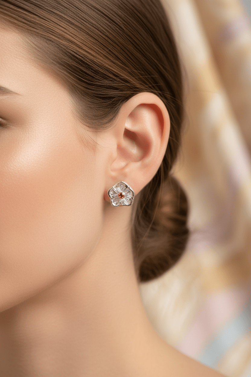 Orange Sapphire Flower Stud Earrings Padparadscha Fine Silver - Gems by Gigi
