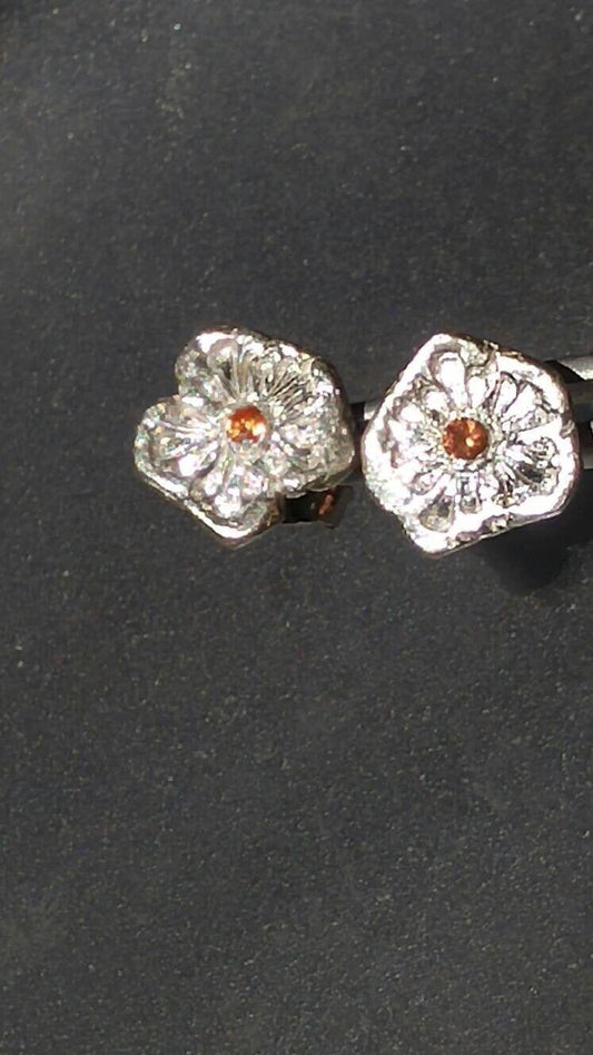 Orange Sapphire Flower Stud Earrings Padparadscha Fine Silver - Gems by Gigi