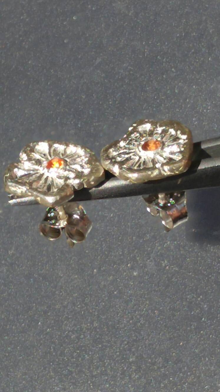 Orange Sapphire Flower Stud Earrings Padparadscha Fine Silver - Gems by Gigi