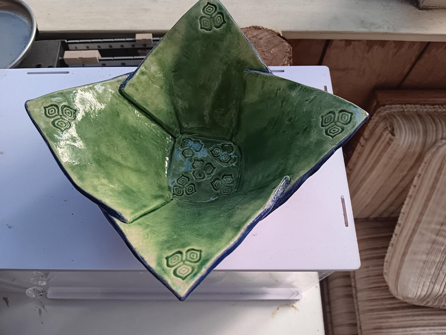 Origami Bowl Ceramic Blue Green Flowers One of a Kind - Gems by Gigi