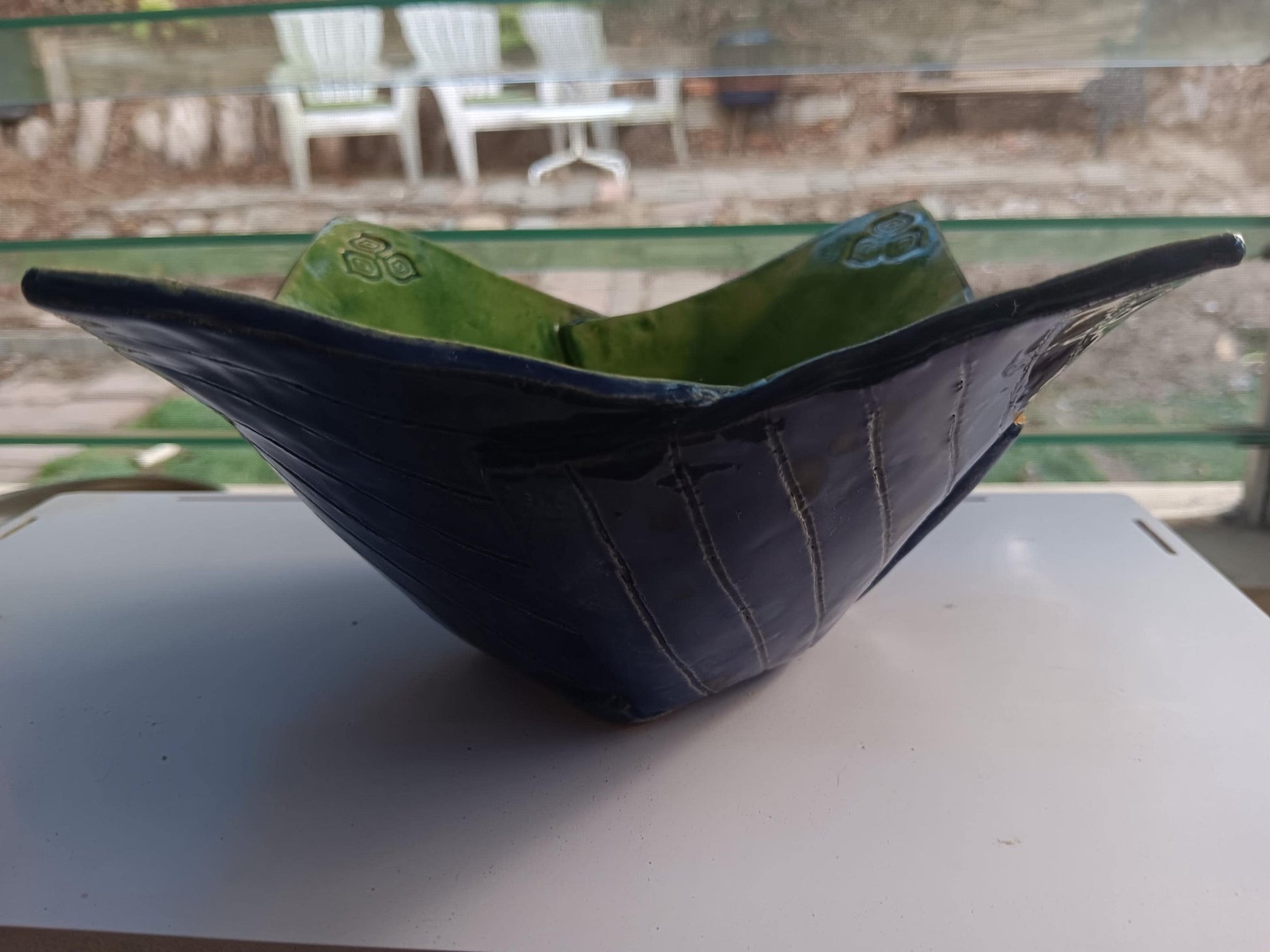 Origami Bowl Ceramic Blue Green Flowers One of a Kind - Gems by Gigi