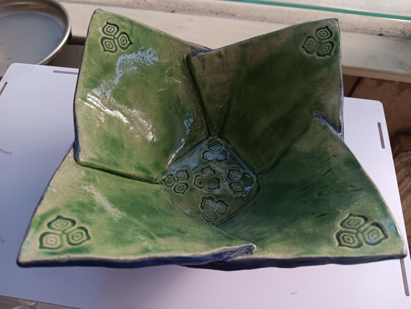 Origami Bowl Ceramic Blue Green Flowers One of a Kind - Gems by Gigi