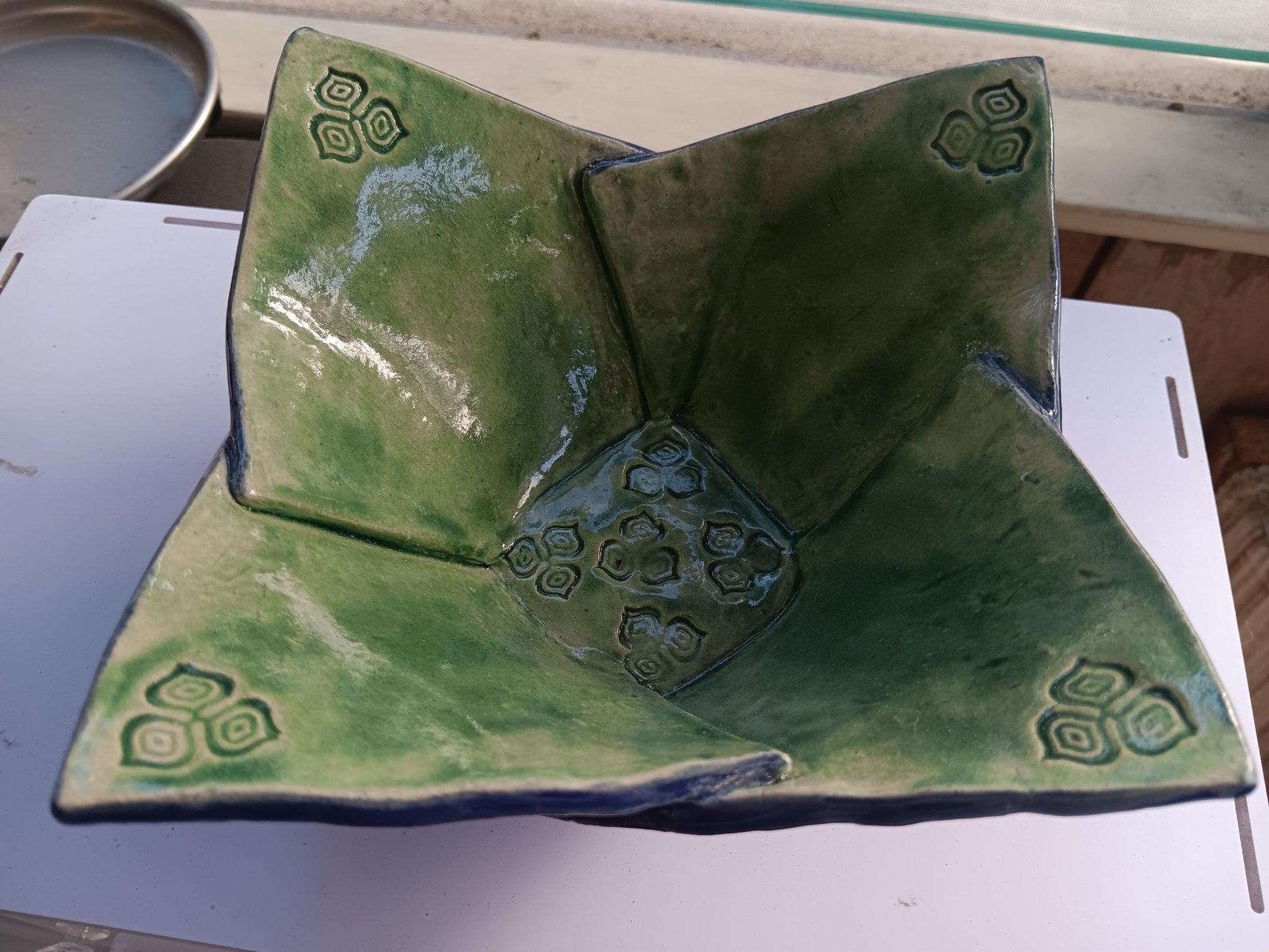 Origami Bowl Ceramic Blue Green Flowers One of a Kind - Gems by Gigi