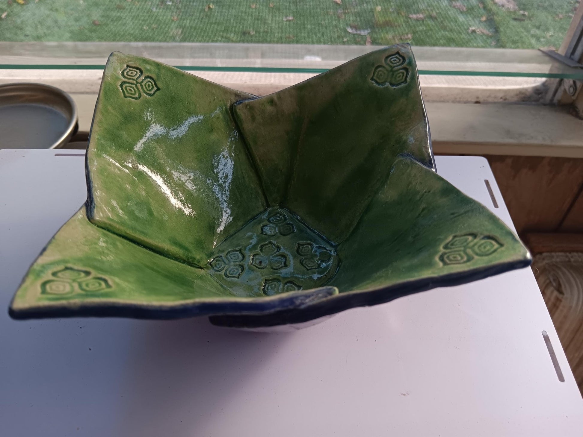 Origami Bowl Ceramic Blue Green Flowers One of a Kind - Gems by Gigi