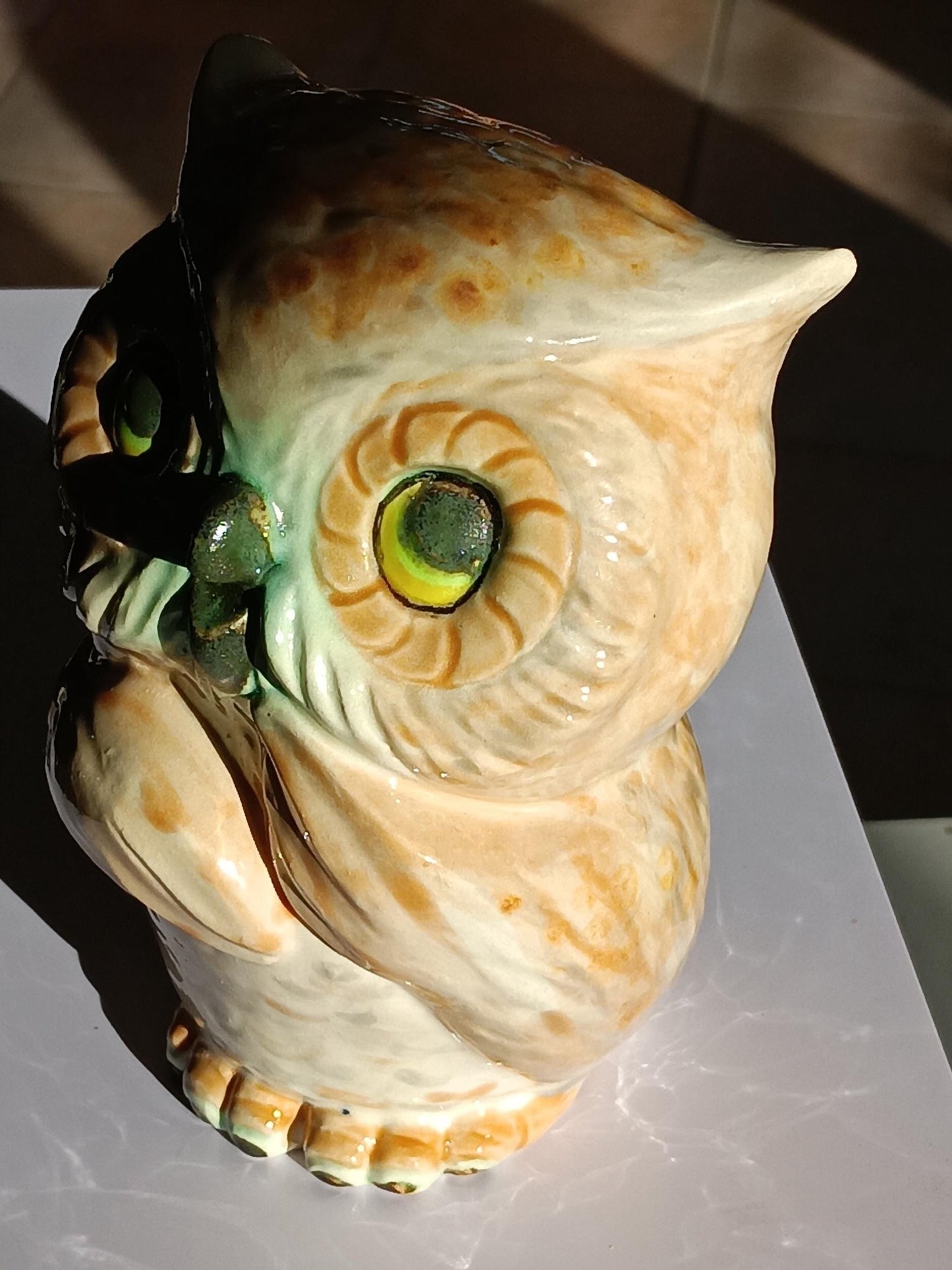 Owl Figurine Tan Teal Ceramic - Gems by Gigi