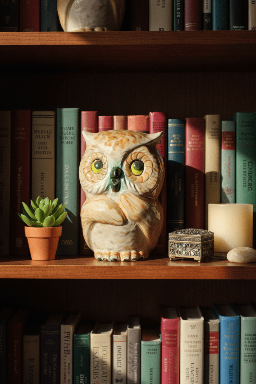 Owl Figurine Tan Teal Ceramic - Gems by Gigi