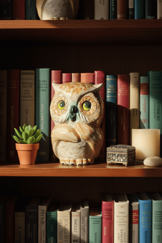 Owl Figurine Tan Teal Ceramic - Gems by Gigi