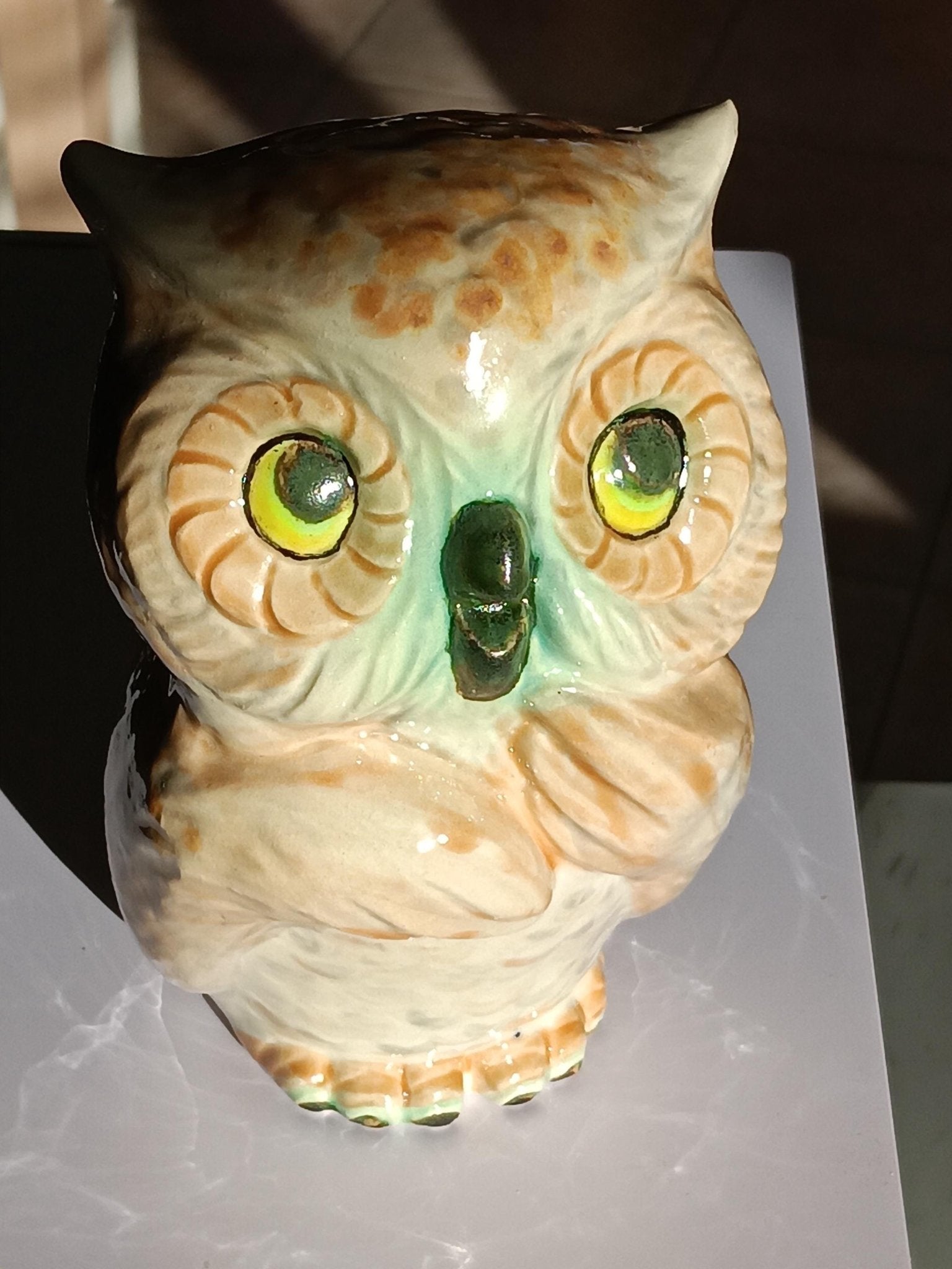 Owl Figurine Tan Teal Ceramic - Gems by Gigi