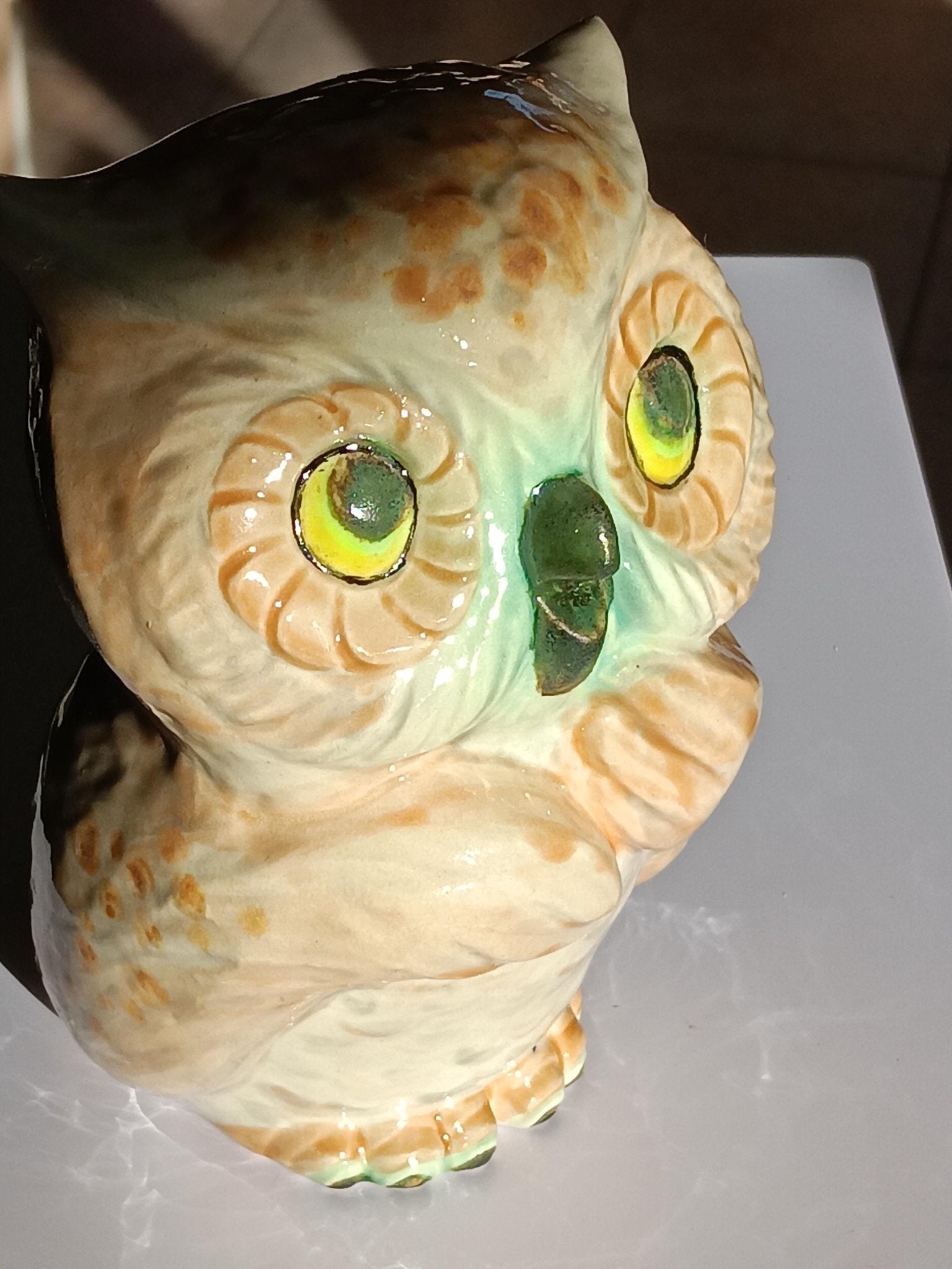Owl Figurine Tan Teal Ceramic - Gems by Gigi