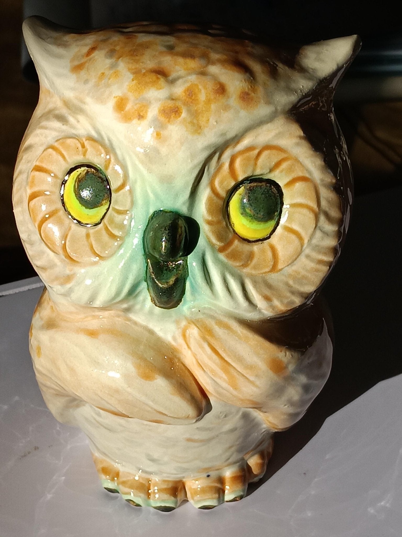Owl Figurine Tan Teal Ceramic - Gems by Gigi