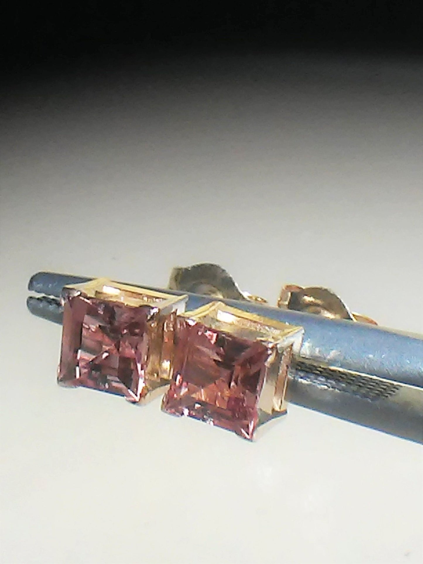 Padparadscha Sapphire Stud Earrings Square Princess 14kt - Gems by Gigi