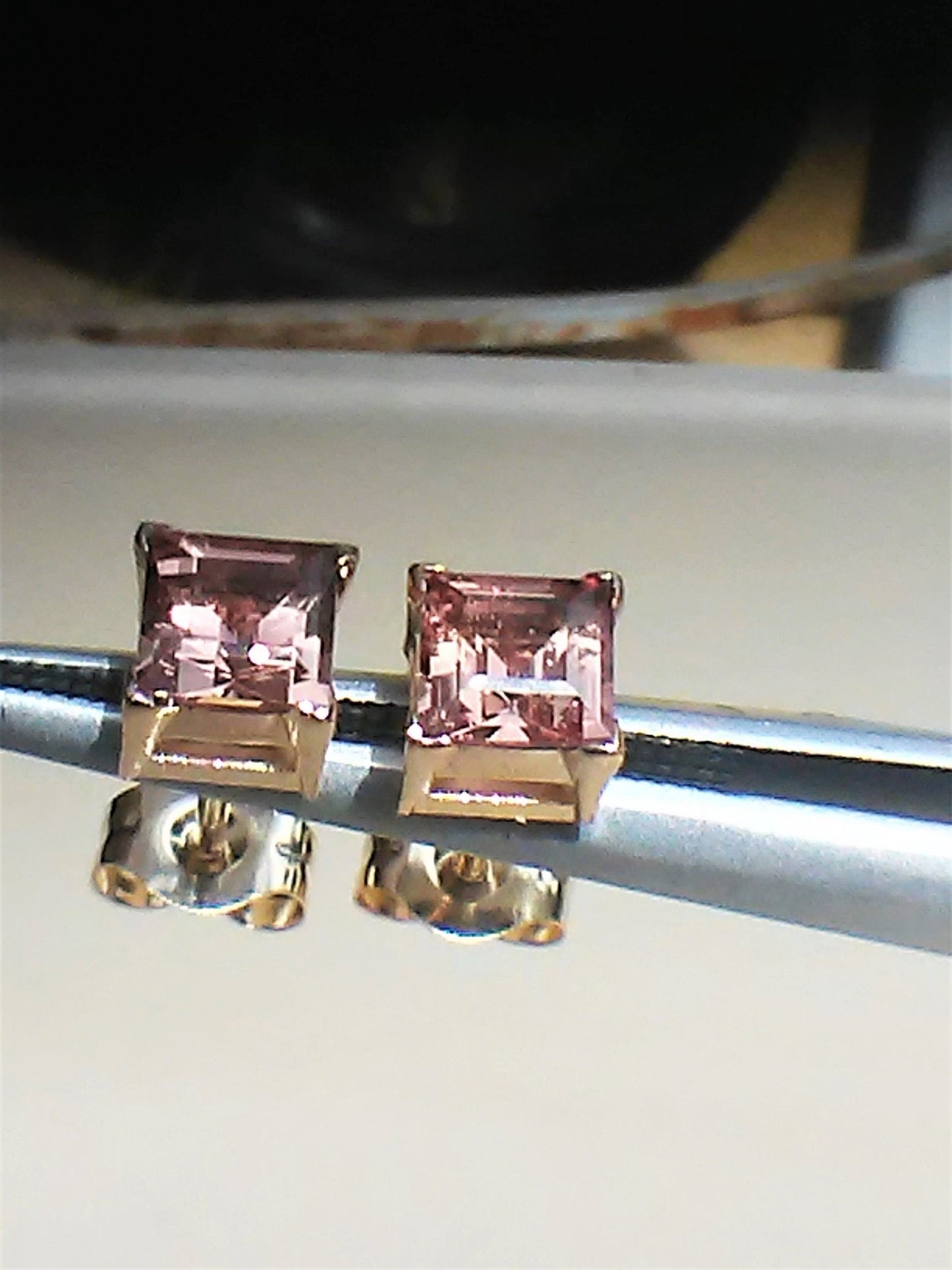 Padparadscha Sapphire Stud Earrings Square Princess 14kt - Gems by Gigi