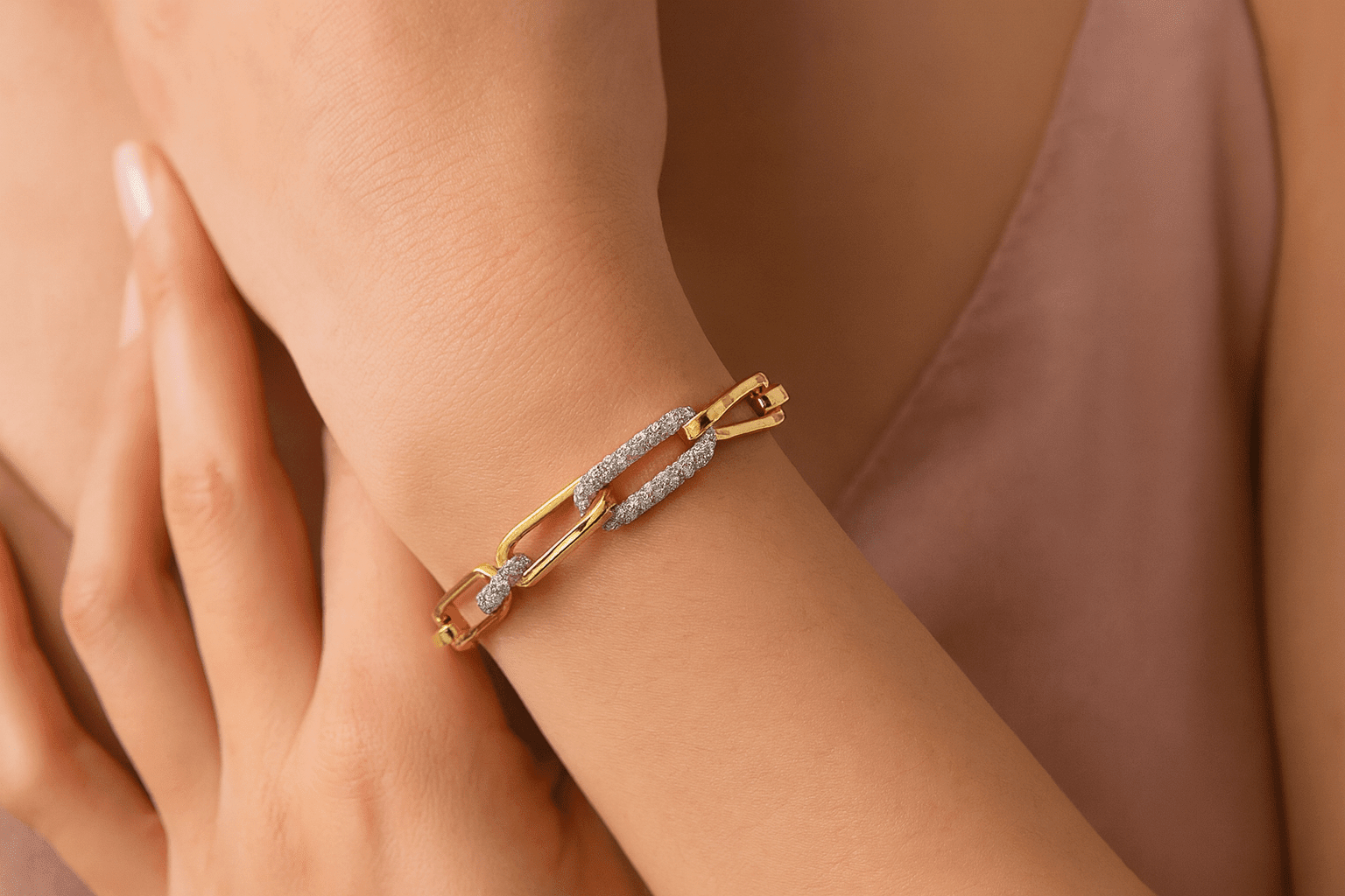Pave Lab Grown Diamond Paperclip Bracelet Two Tone 14kt - Gems by Gigi