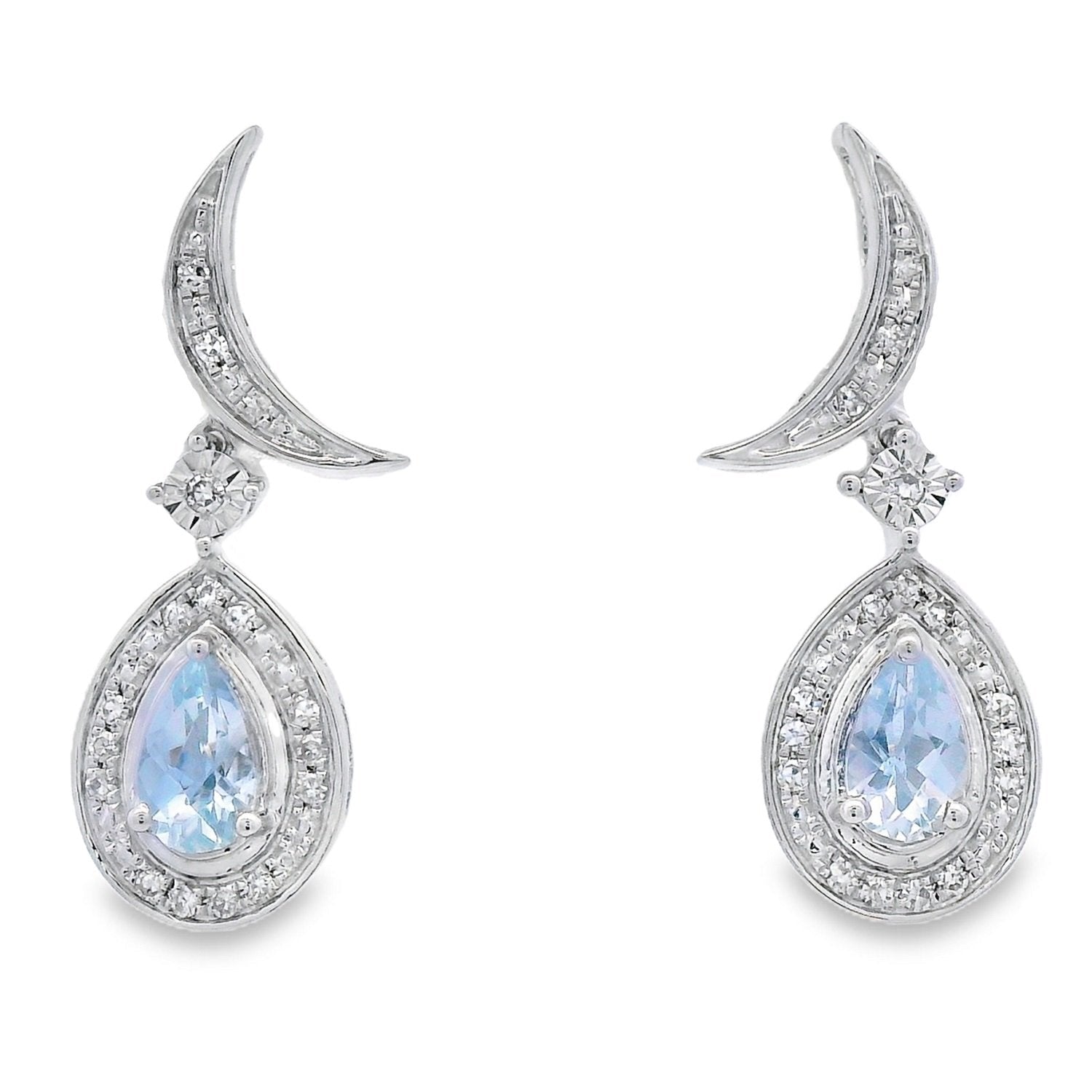 Pear Aquamarine Diamond Halo Dangle Earrings White Gold 10kt - Gems by Gigi